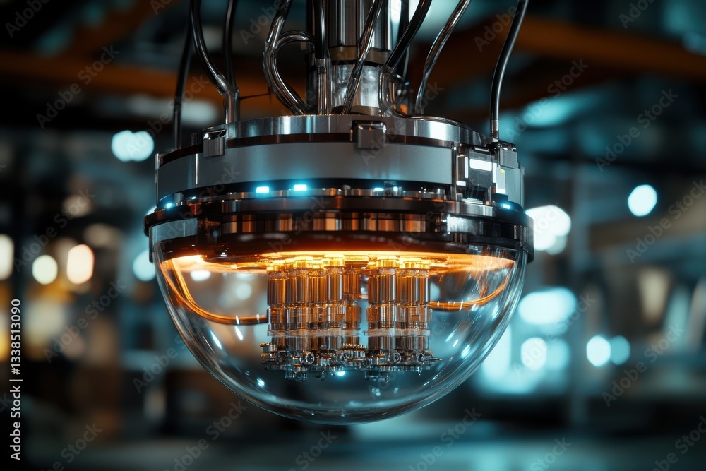 Poster modern quantum computing device illuminated in a laboratory setting at night