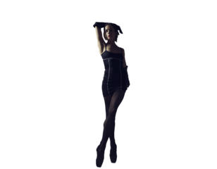 ballerina in total black style in a dress and tights poses silhouetted elements of ballet, isolated on transparent background, png