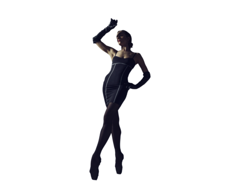 ballerina in total black style in a dress and tights poses silhouetted elements of ballet, isolated on transparent background, png