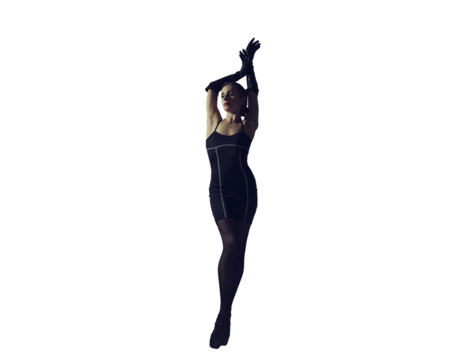 ballerina in total black style in a dress and tights poses silhouetted elements of ballet, isolated on transparent background, png