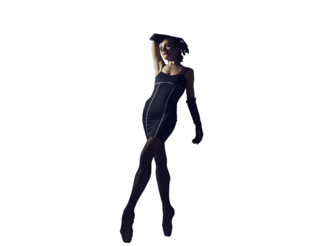 ballerina in total black style in a dress and tights poses silhouetted elements of ballet, isolated on transparent background, png