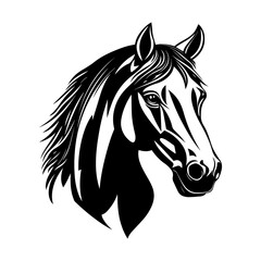 A stylish black and white vector illustration of a horse head, featuring bold lines and dynamic details. Ideal for logos, tattoos, equestrian themes, branding, and artistic designs.