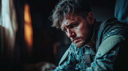 Obraz premium Soldier reflects on combat trauma in a dimly lit room while experiencing vivid flashbacks of past battles