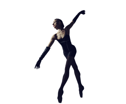 ballerina in total black style in a dress and tights poses silhouetted elements of ballet, isolated on transparent background, png