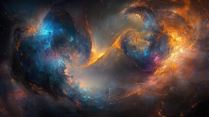 Obraz premium Vibrant Cosmic Nebula Swirls in Deep Space, Orange and Blue Hues, Digital Fantasy Art