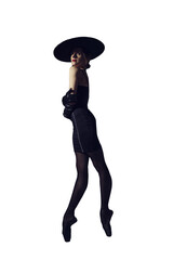 ballerina in the style of fashion total black in a dress, hat and gloves poses ballet elements, isolated on transparent background, png