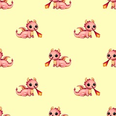 Seamless pattern, cute pink dragon breathing fire on a yellow background.