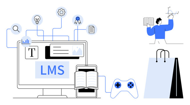 LMS on monitor connected to icons of book, settings, certificate, game controller, student reading. Ideal for online learning, education, e-learning tools, knowledge sharing EdTech gamification