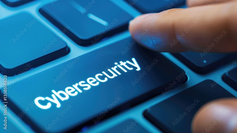 Poster close up finger pressing cybersecurity key on illuminated keyboard digital security data protection 
