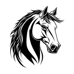 A stylish black and white vector illustration of a horse head, featuring bold lines and dynamic details. Ideal for logos, tattoos, equestrian themes, branding, and artistic designs.