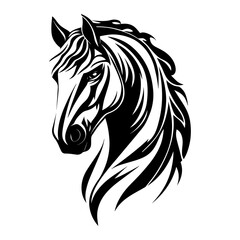 A stylish black and white vector illustration of a horse head, featuring bold lines and dynamic details. Ideal for logos, tattoos, equestrian themes, branding, and artistic designs.