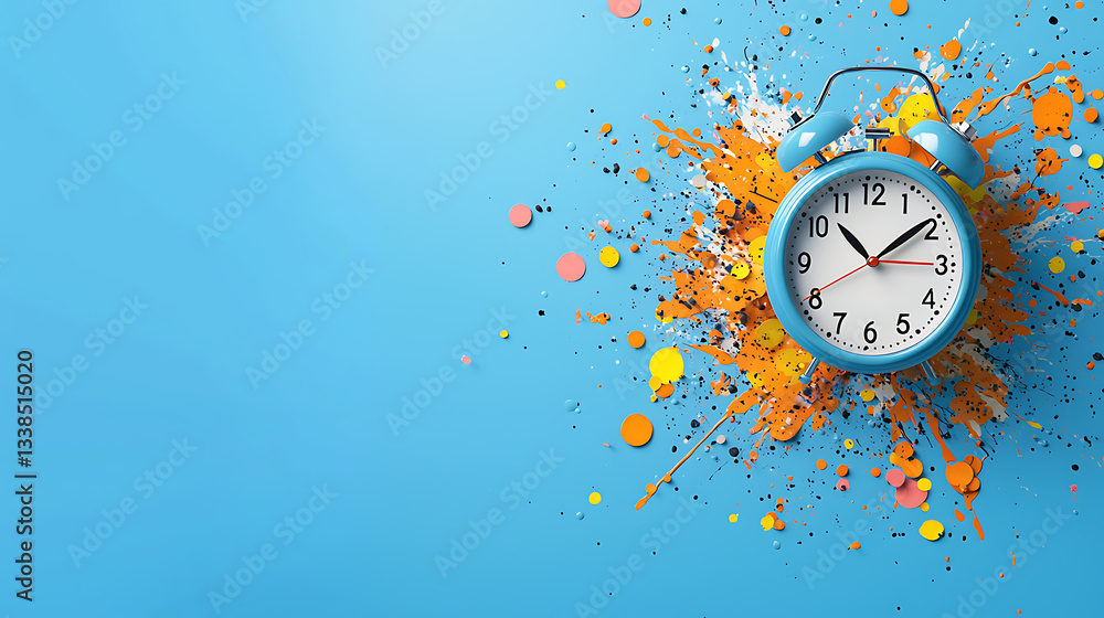 Poster dynamic clock splash art studio digital visuals colorful background top view time and creativity con