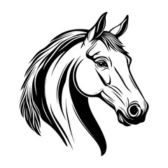 A stylish black and white vector illustration of a horse head, featuring bold lines and dynamic details. Ideal for logos, tattoos, equestrian themes, branding, and artistic designs.