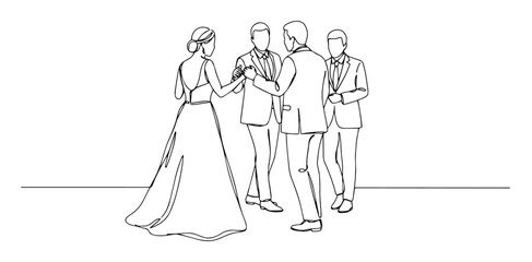 bride dancing with two men at reception stylish one-line vector artwork emphasizing simplicity and elegance in its execution