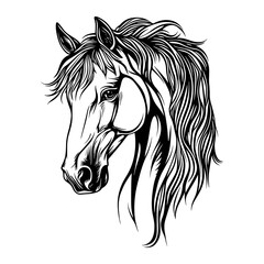 A stylish black and white vector illustration of a horse head, featuring bold lines and dynamic details. Ideal for logos, tattoos, equestrian themes, branding, and artistic designs.