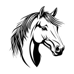 A stylish black and white vector illustration of a horse head, featuring bold lines and dynamic details. Ideal for logos, tattoos, equestrian themes, branding, and artistic designs.