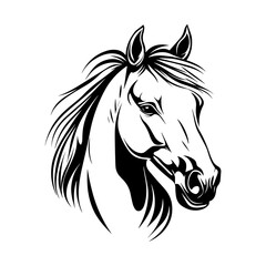 A stylish black and white vector illustration of a horse head, featuring bold lines and dynamic details. Ideal for logos, tattoos, equestrian themes, branding, and artistic designs.