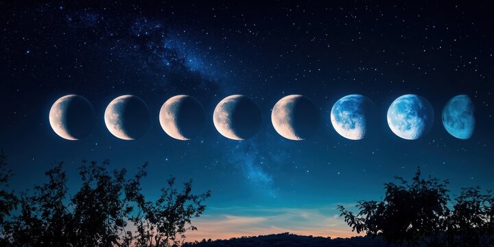Phases of the moon in night sky with milky way above silhouetted trees - Powered by Adobe