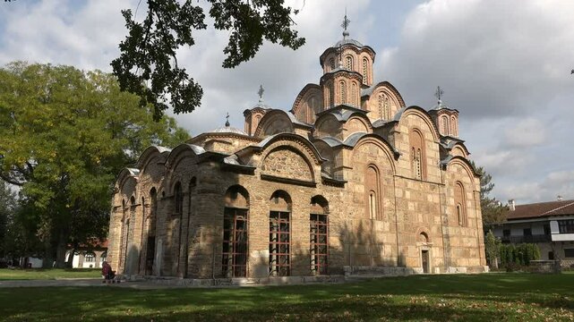 Establishing shot of the Serbian Orthodox Gracanica monastery, located in a Serbian enclave within Kosovo
