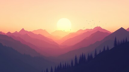Obraz premium Serene Sunset Over Majestic Mountain Ranges: A Breathtaking Panorama of Nature's Tranquility