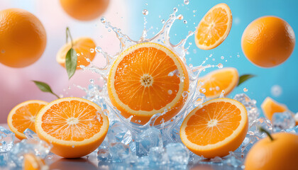 Orange some open and some falling, with a splash of ice water and ice in 4k to show freshness of both fruits, pastel background blurred, more lighting in the center with little contrast.