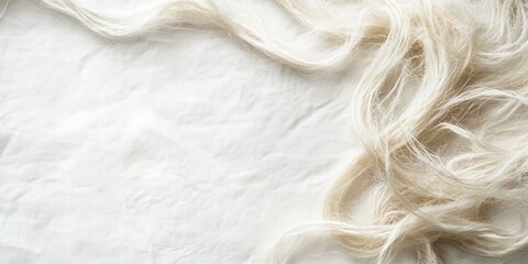 Obraz premium Textured Elegance: A close-up shot reveals a cascade of flowing blonde locks gracefully laid upon a soft, textured fabric, evoking a sense of purity and delicate beauty.