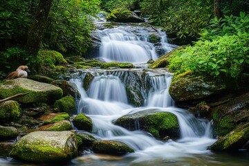 Obraz premium Peaceful Forest Landscape with Stone Cairn and Waterfall Stream