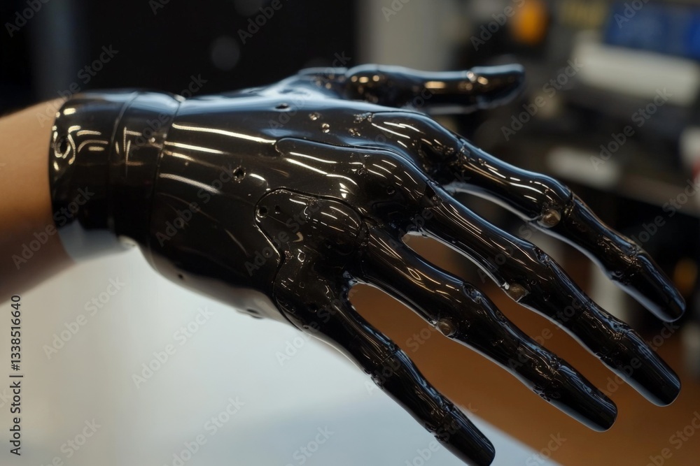 Poster innovative black prosthetic hand displayed in laboratory setting with advanced technology during wor