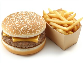 Appetizing cheeseburger with sesame bun and golden fries on white background studio shot food photography