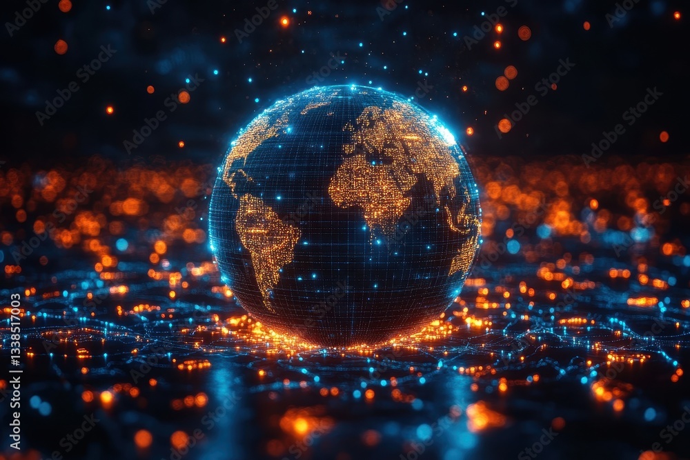 Poster digital globe illuminated by blue and orange lights, representing a connected world through technolo