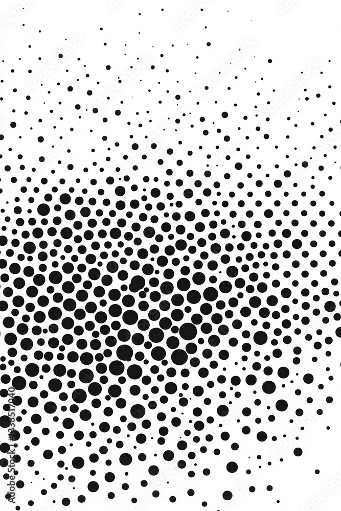Poster monochrome gradient of black circles on white background creating a dynamic halftone pattern for mod