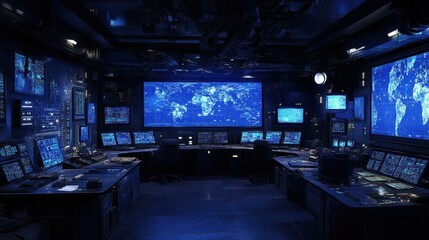 High-tech control room, filled with monitors displaying global network data.  Dark, futuristic interior
