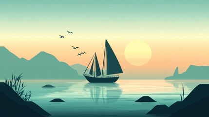 Fototapeta premium Serene Sunset Sailboat on Tranquil Lake Mountainscape Peaceful Evening Waterscape