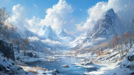 Obraz premium A Beautiful Landscape Depicting Snowy Mountains And Icy River