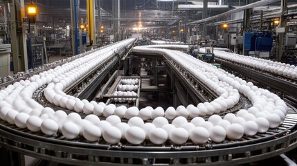 A massive egg production line with conveyor belts moving fresh eggs