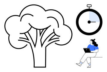 Woman working on laptop, seated beside a large clock and abstract tree. Ideal for themes of productivity, time management, work-life balance, environment, focus, goal setting, and efficiency. Line