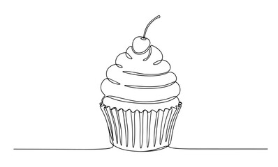 cupcake with whipped cream topping and cherry in sweet minimalist line drawing