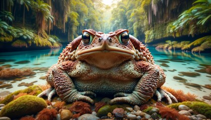 A majestic toad sits proudly by a serene waterway, surrounded by lush greenery, perfect for wildlife-themed projects or nature conservation campaigns.