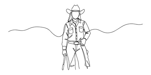 cowgirl in western outfit with hat and boots drawn in line art style