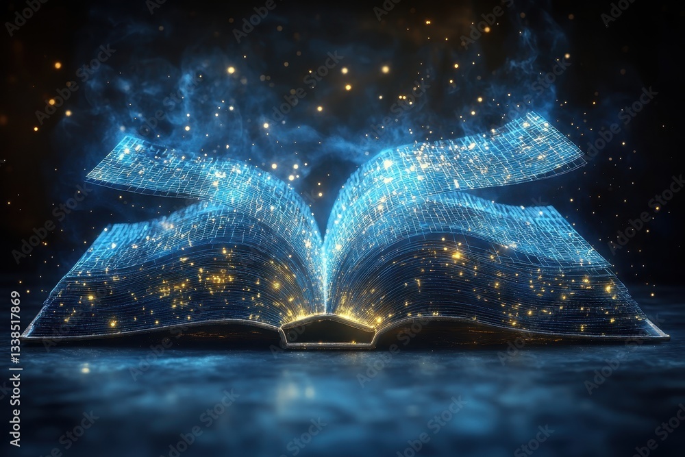 Poster digital representation of an open book emits glowing particles against a dark background, showcasing