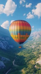 Fototapeta premium Colorful Hot Air Balloon Soaring Over Breathtaking Green Landscape