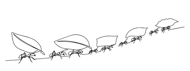 line drawing of ants carrying leaves in a row