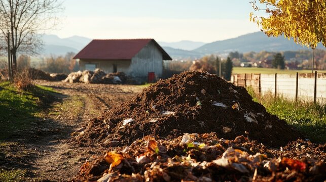 A poultry waste disposal site with large piles of manure near the farm