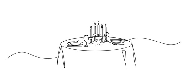 romantic dinner table setup with candles and plates drawn in clean line art