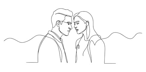 man and woman standing face to face drawn in minimalist love line art