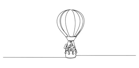 hot air balloon flying with heart shape basket drawn in romantic line art