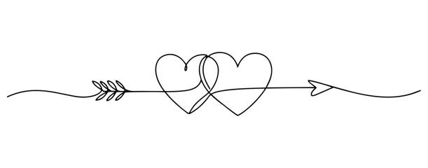 two hearts pierced by arrow drawn in symbolic romantic minimalist line art