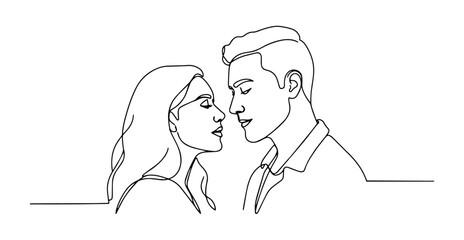 romantic couple facing each other with eyes closed drawn in one line