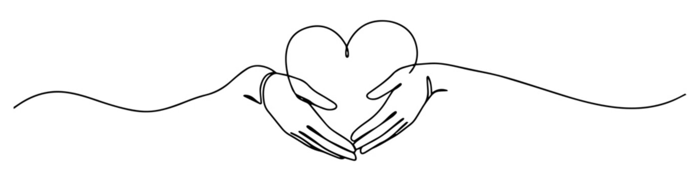 Naklejki hands gently holding heart from below drawn in symbolic one line art