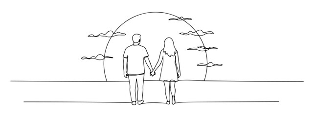 romantic couple holding hands looking at sunset drawn in minimalist line art